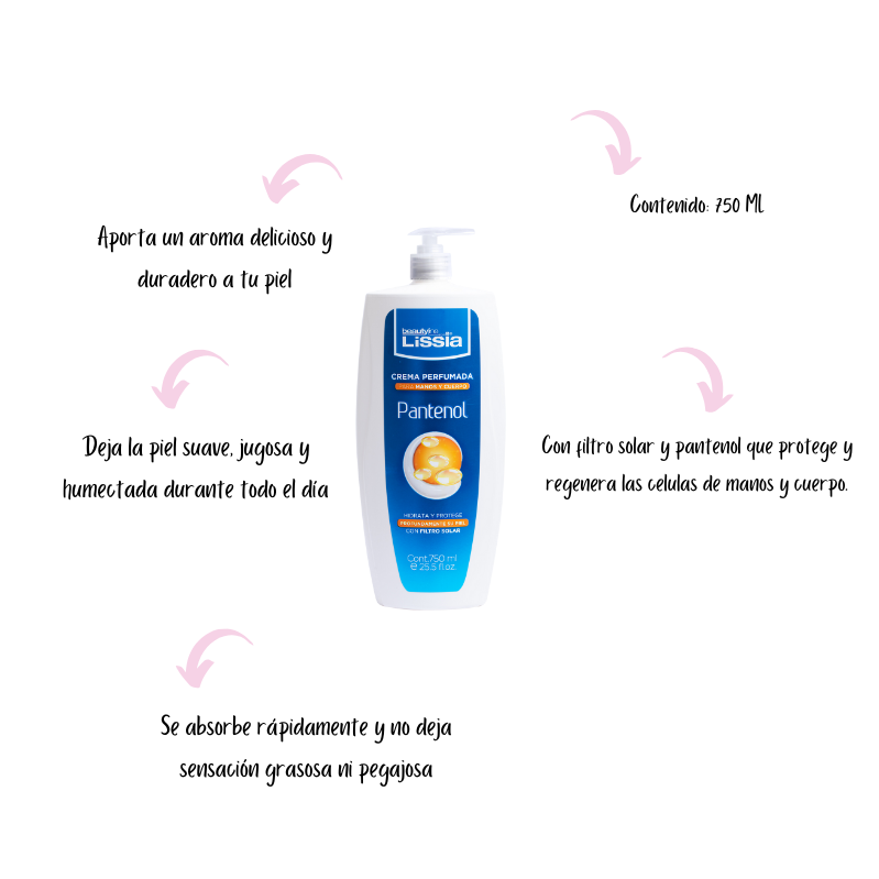 Crema Perfumada con filtro solar manos y cuerpo Pantenol 750 ml - Imagen 2